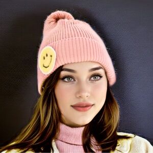 Smiley Face Pink Ribbed Knit Winter Hat